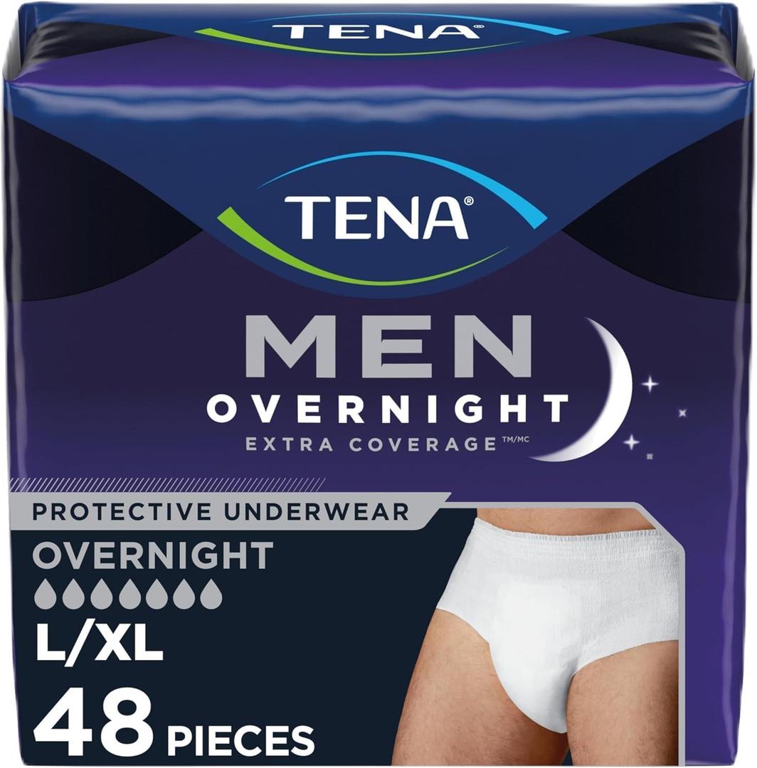 TENA Men Overnight Extra Coverage Underwear for bladder control, Masculine, Discreet, L/XL, 48 Count (Waist size 44in-64in)
