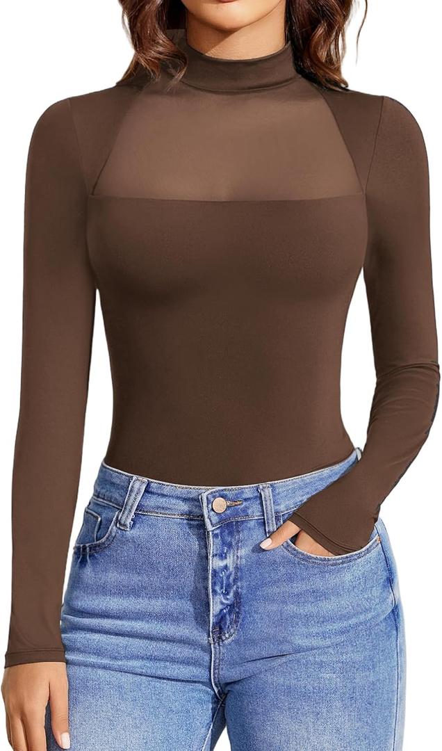 Avidlove Bodysuits for Women Mock Neck Shapewear Body Suit Long Sleeve Leotard Mesh Going Out Tops Concert Outfits (Small, Brown)