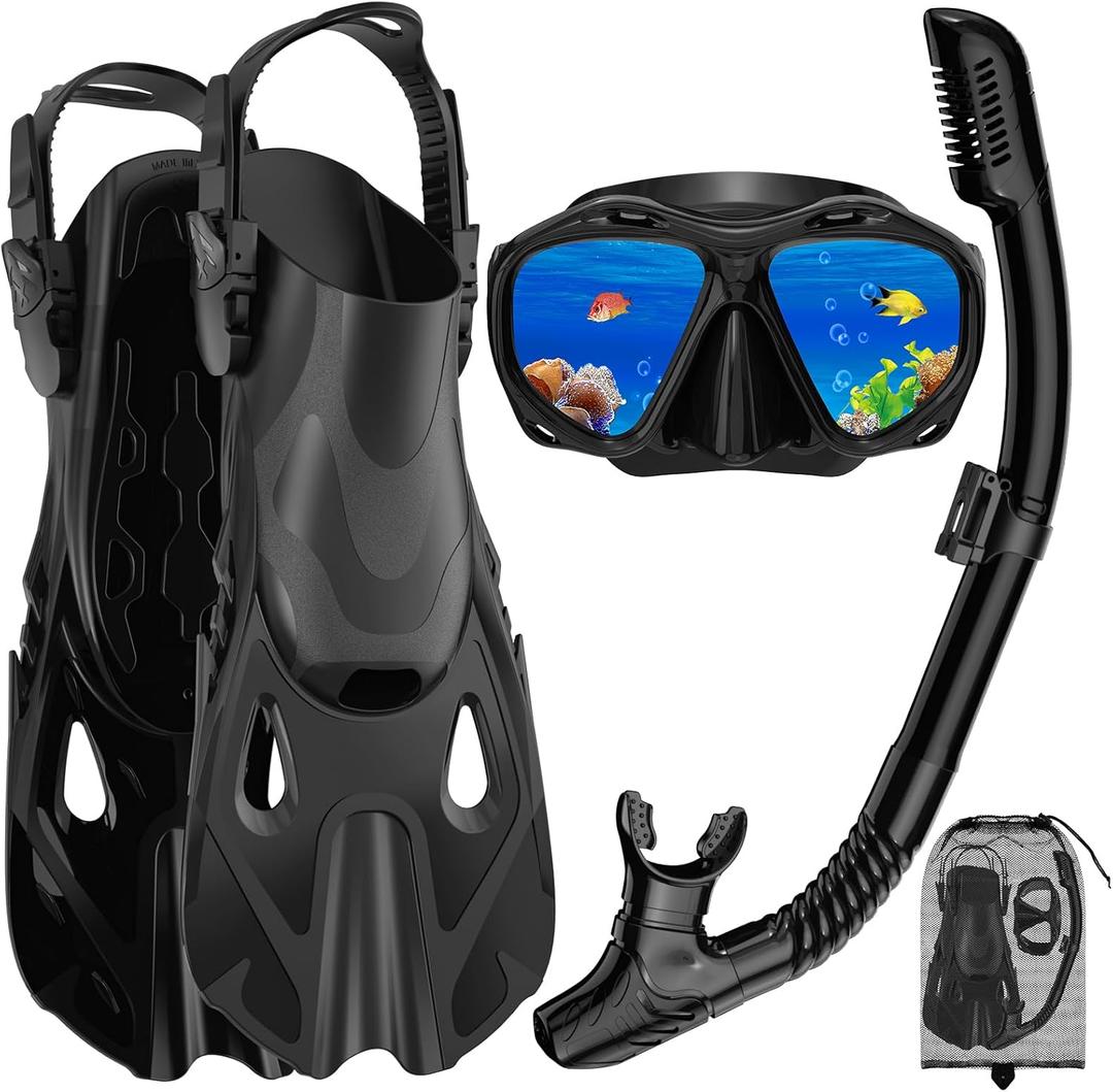 Snorkeling Gear for Adults, Mask Fin Snorkel Set, Dry Top Snorkel Mask, Panoramic View Anti-Leak Anti-Fog 3 in 1 Snorkeling Kit Travel Diving Package with Storage Bag (Medium, Black)