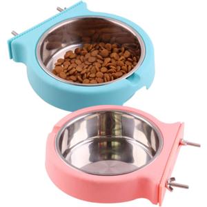 kathson Crate Dog Bowl, Removable Stainless Steel Hanging Pet Cage Bowl Food & Water Feeder Coop Cup for Cat, Puppy, Birds, Rats, Guinea Pigs (2pcs, Pink and Blue)