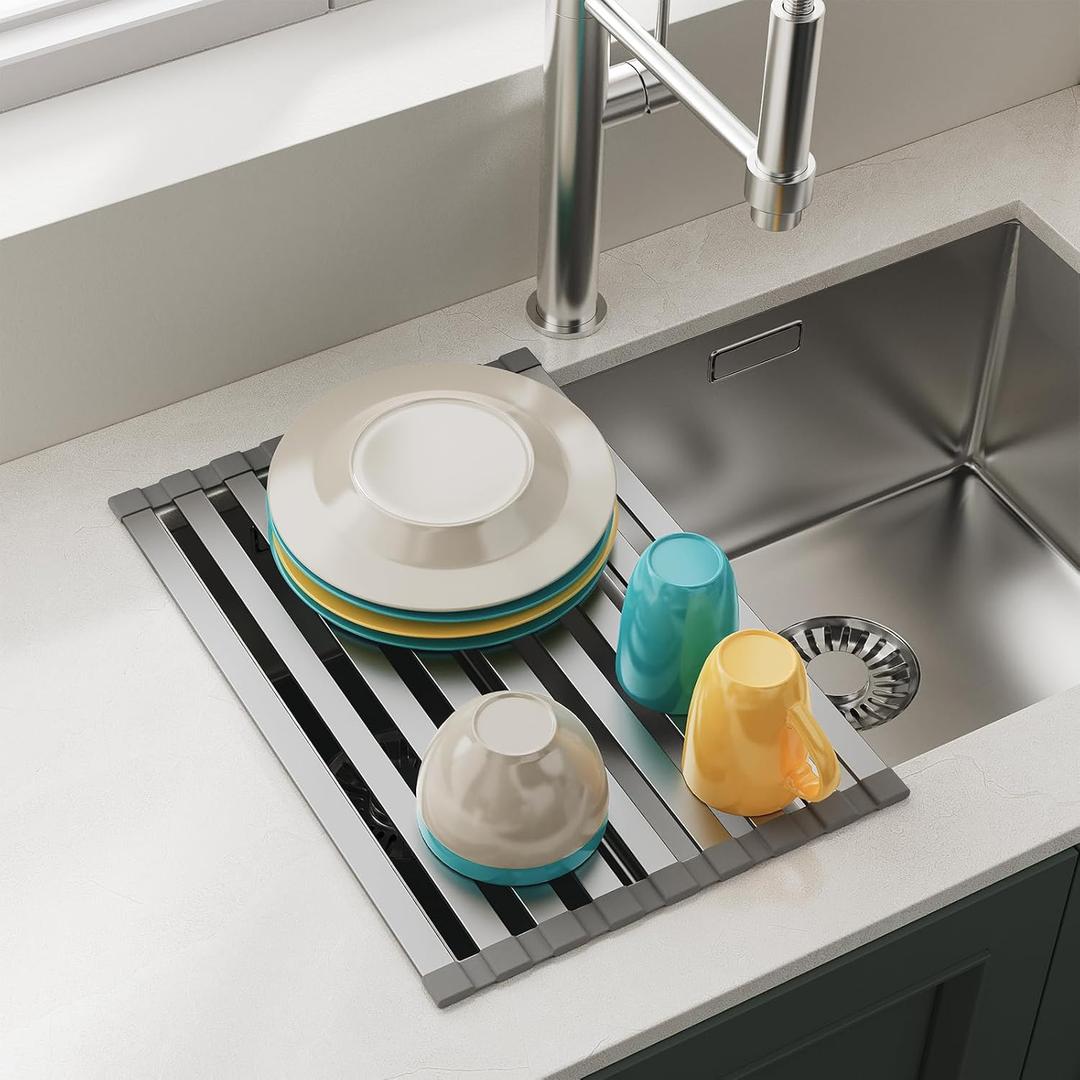 COOL-ANGLE Aluminum Roll Up Dish Drying Rack Over The Sink, 17.7" x 13.4" Rust-Proof Foldable Dish Drainer Mat, Heat Resistant Trivet & Kitchen Sink Cover, Fits Sinks up to 16.8" Wide, Matte Gray