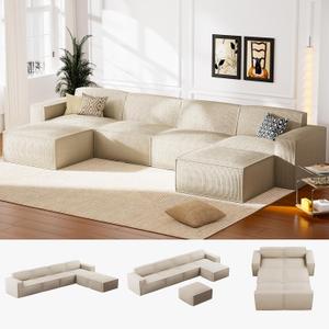 Marsail 142" Oversized Deep U Shaped Modular Sofa, Corduroy Cloud Couches with Deep Seats and High-Back Design, Modular Sectional Sofa for Living Room with Ottoman, No Assembly Required, Beige