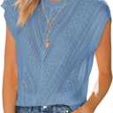 Langwyqu Womens Cap Sleeve Tops Summer Crew Neck Shirt Lightweight Crochet Knit Sweater (Blue)