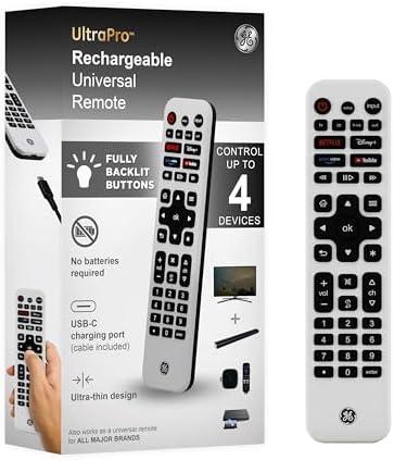 GE Rechargeable TV Remote Control, Universal Remote Control, Backlit Buttons, Samsung TV Remote Control Replacement for Smart TVs, Apple TV, Sony, Roku Replacement Remote, LG TV, 4-Device, 80984