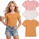 3 Pack Girl's Short Sleeve T-Shirts Cotton Ribbed Back to School Tops Crewneck Kids Puff Lettuce Trim Bow Tees