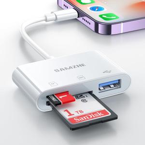 SD Card Reader for iPhone iPad, Built-in Lightning Connector Card Adapter with SD MicroSD USB-A 3 Slots Trail Camera Memory Card Viewer, Portable No App Required, Plug and Play