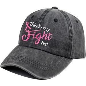 This is My Fight Hat, Distressed Cotton Adjustable Embroidered Pink Ribbon Breast Cancer Baseball Cap