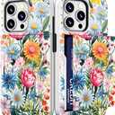 Compatible for iPhone 15 Pro Max Case Cute with Card Holder Shockproof Slim Slot Phone Promax Wallet Cover/Blue Flowers Wild Rose Paisley Peony Floral Lovely