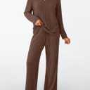 LILLUSORY Womens Lounge Sets 2 Piece Matching Pajamas Fall Fashion 2026 Ribbed Knit Outfits Long Sleeve Casual Sweatsuits Trendy Plus Size Sweaters Cute Sleep Wears Travel Soft Clothes CoffeeBrown XL