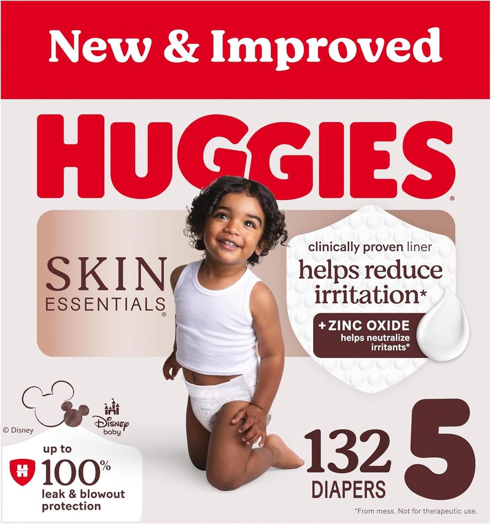 Huggies Size 5 Diapers, Skin Essentials Baby Diapers, Size 5 (27+ lbs), 132 Count (2 Packs of 66)