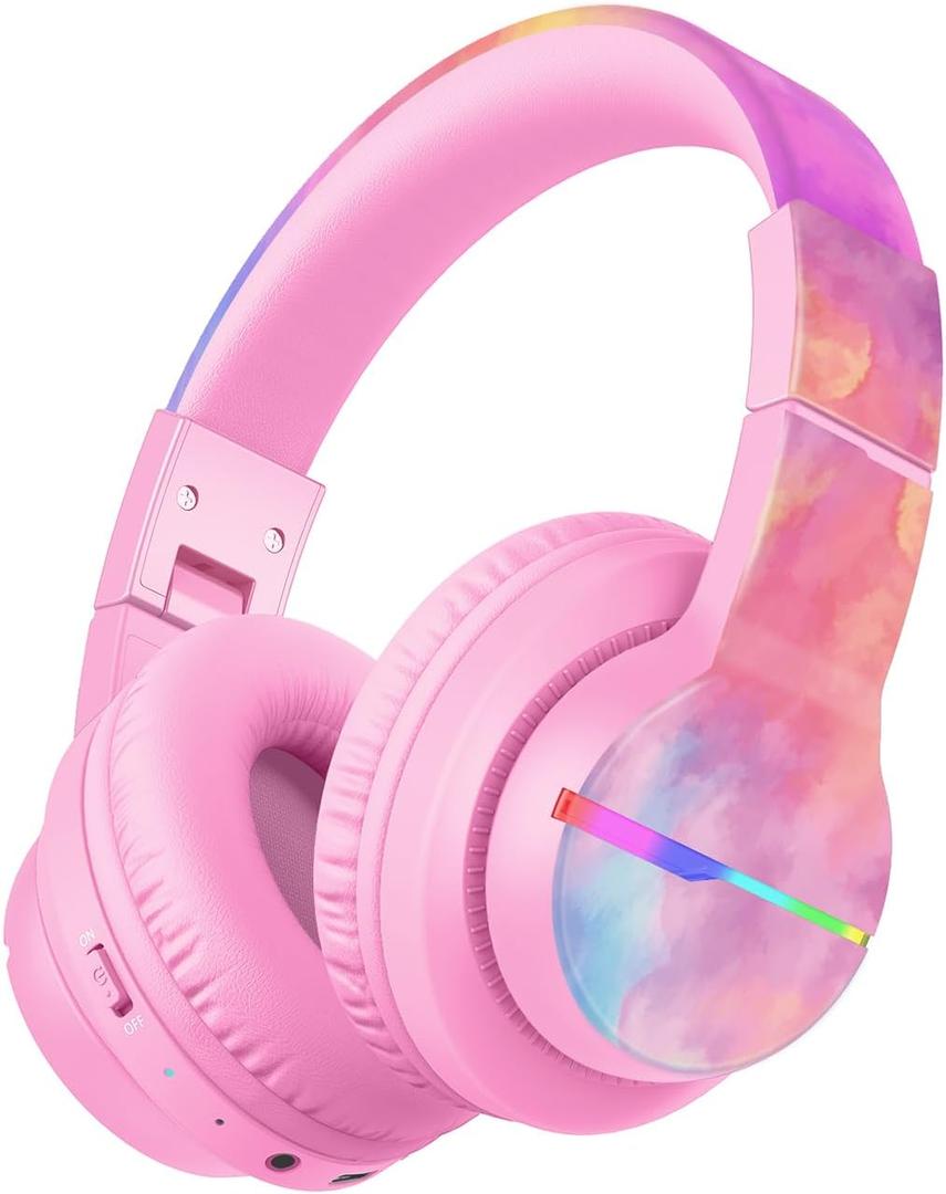 iClever BTH12 Kids Bluetooth Headphones,Colorful LED Lights,74/85dBA Safe Volume,85H Playtime,Fast Charging,Bluetooth 5.2,Over Ear Kids Headphones Wireles for iPad/Tablet/Airplane,Tie-dye Pink