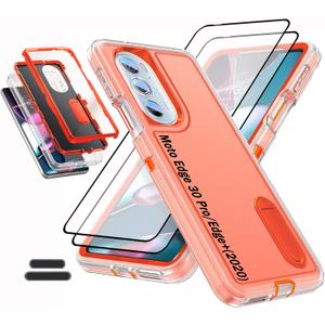 Case for Moto Edge 30 Pro/Edge+(2020) 6.7 Inch, Full Body Protection Heavy Duty Shock Absorbing 3 in 1 Silicone Rubber Built-in Stand with 2 Tempered Screen Protectors-Orange/Clear