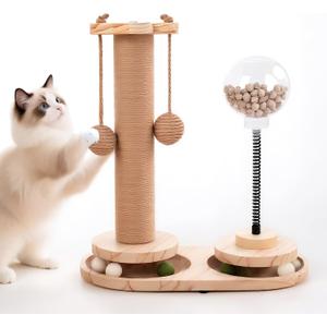 4 in 1 Cat Scratching Post. Wooden Kitten Scratching Post. Kitten Toys for Indoor Cats with Leaky Food Ball and 2 Sisal Hanging Balls. 15.7" Cat Scratcher with 2 Cat Ball Tracks for Kittens