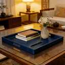 25 x 25 inches Leather Ottoman Serving Tray with Hole Handles, Square Large Modern Service Tray for Living Room, Coffee Table, Bed, Tea, Food, Butler Countertop, Kitchen, Dinner, Picnic (Blue)