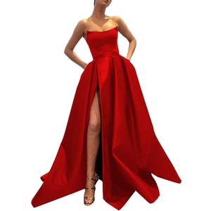 MllesReve Womens Long Strapless Satin Prom Dress Sleeveless Slit Evening Ball Gown with Pockets (6, Red) MllesReve Womens Long Strapless Satin Prom Dress Sleeveless Slit Evening Ball Gown with Pockets (6, Red)