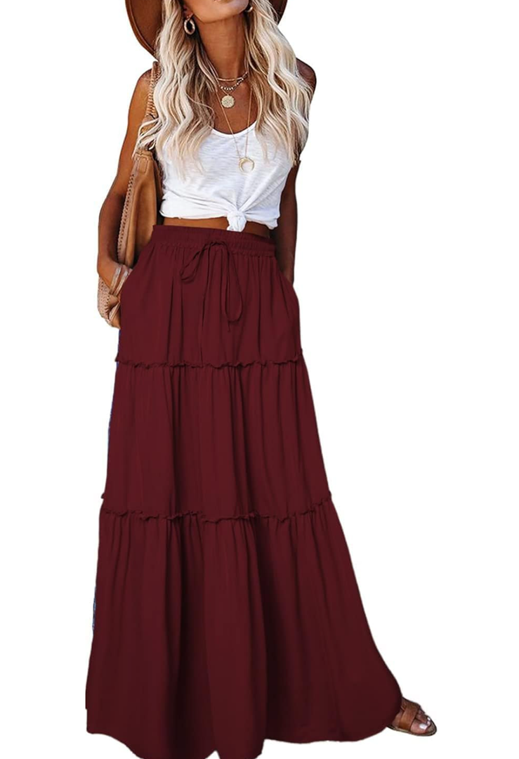 EARKOHA Womens Casual High Waist Tie Paisley Print Long Maxi Skirt with Pockets, M