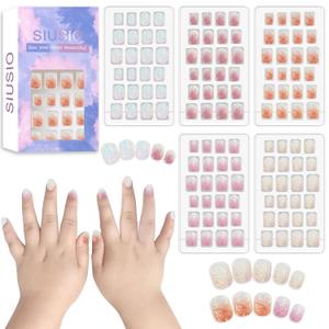 SIUSIO 120Pcs 5 Pack Press on Nails kids Children Acrylic Fake Nails Cute Pre-glue Full Cover Gradient Color Rainbow Short Stick On False Nail Art Kits Set for Kids Little Girls - Colorful Glitter