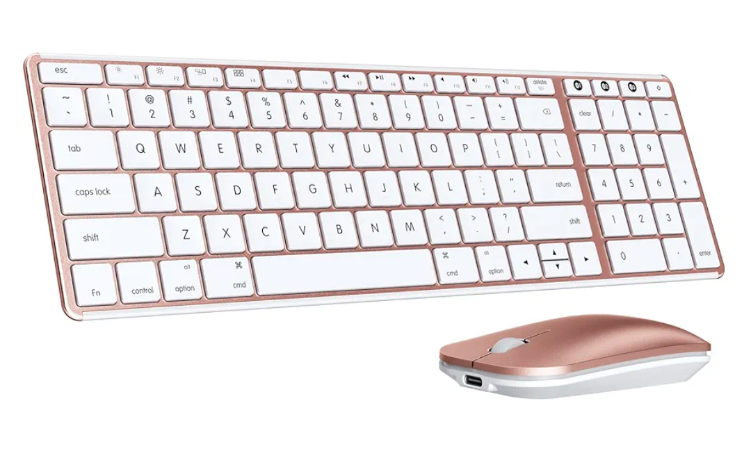 seenda Bluetooth Keyboard and Mouse for Mac, SKM64-2 Multi-Device Rechargeable Slim Wireless Keyboard Mouse Stainless Steel Full Size, Compatible with MacBook Pro/Air, iPad, iMac - White Rose Gold