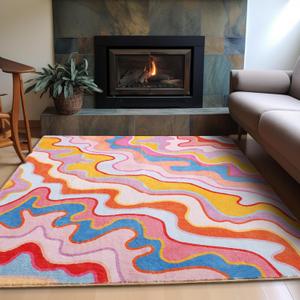 Colorful Abstract 5x7 Area Rug Ultra Thin Light Weight Funky Aesthetic Colorful Striped Living Room Rug Orange Blush Washable Carpet for Kitchen Entryway Bedroom Dining Room Dorm Office
