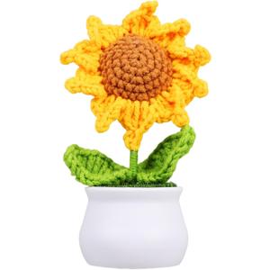 UKCOCO Crochet Sunflower Potted Plant 5.51x2.95x2.16In Hand-Knit Wool Décor – Zero-Maintenance Artificial Flower for Desk, Shelf, Car Dashboard – Cheerful Gift for Home & Office