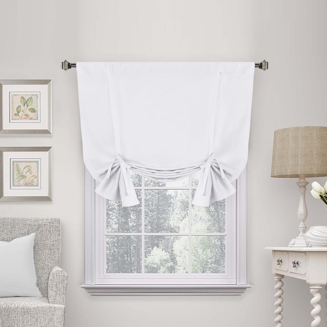 H.VERSAILTEX White Blackout Tie Up Curtains Thermal Insulated Balloon Roman Shade Bathroom Window Adjustable Rod Pocket for Small Window 46 Inch by 63 Inch,Pure White