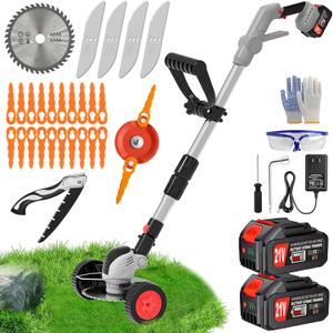 Electric Cordless Weed Wacker Battery Powered Eater,21V/4.0Ah Lightweight No-String Weed Trimmer with 2 Battery Operated& Wheels,3 in 1 Stringless Grass Trimmer/Edger/Brush Cutter for Garden Yard Lawn