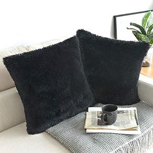 NordECO HOME Luxury Soft Faux Fur Fleece Cushion Cover Pillowcase Decorative Throw Pillows Covers, No Pillow Insert, 20" x 20" Inch, Black, 2 Pack