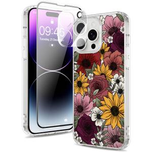 Magnetic for iPhone 14 Pro Max Case [Compatible with MagSafe][with Screen + Camera Protector] Floral Flower Sunflower Pattern Design, Slim Shockproof Phone Cover for Women Girls