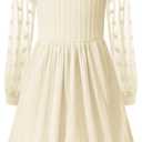 Little Bitty Girls Textured A-Line Swiss Dot Dress, Tulle Long Sleeve Ribbed Knit Crew Neck Midi Dress with Pockets Beige 6-7Y