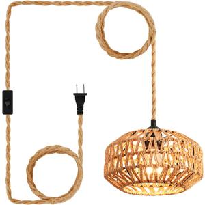 Plug in Pendant Light Rattan Hanging Lamp with Switch, Mini Rattan Boho Semi Flush Mount Ceiling Light, Hand Woven Hallway Light Fixtures for Bedroom Entryway Kitchen (1 Pack Brown)