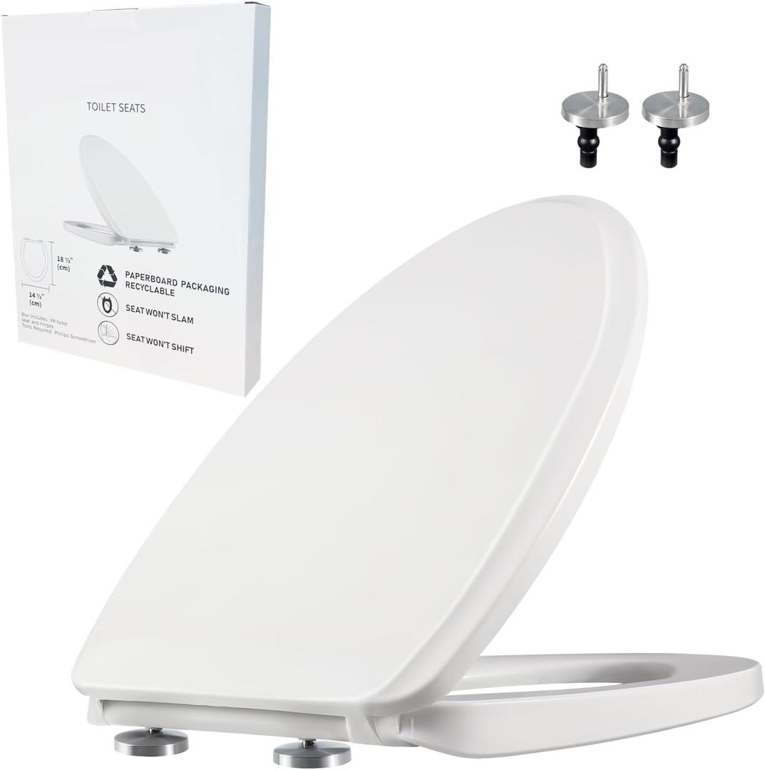 MUU Toilet seat, Slow Close, White heavy duty Toilet Seat with Non-slip Seat Bumpers Easy to Install & Clean PP Material Replacement Toilet Seat Fits All Toilet Brands Elongated Toilets(MU357-PP)