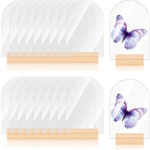20 Pcs Blank Clear Arch Acrylic Sign with Wooden Stands, 4 x 6 Inch Arched Round Top Acrylic Sheet DIY Acrch Wedding Table Numbers for Party, Office, Wedding Decor