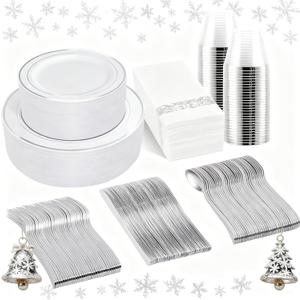 bUCLA 350PCS Silver Plastic Dinnerware Set for 50 Guests - Silver Plates Disposable Include 50 Dinner & 50 Dessert Plates,50 Forks,50 Knives,50 Spoons,50 Cups,50 Napkins for Party & Christmas