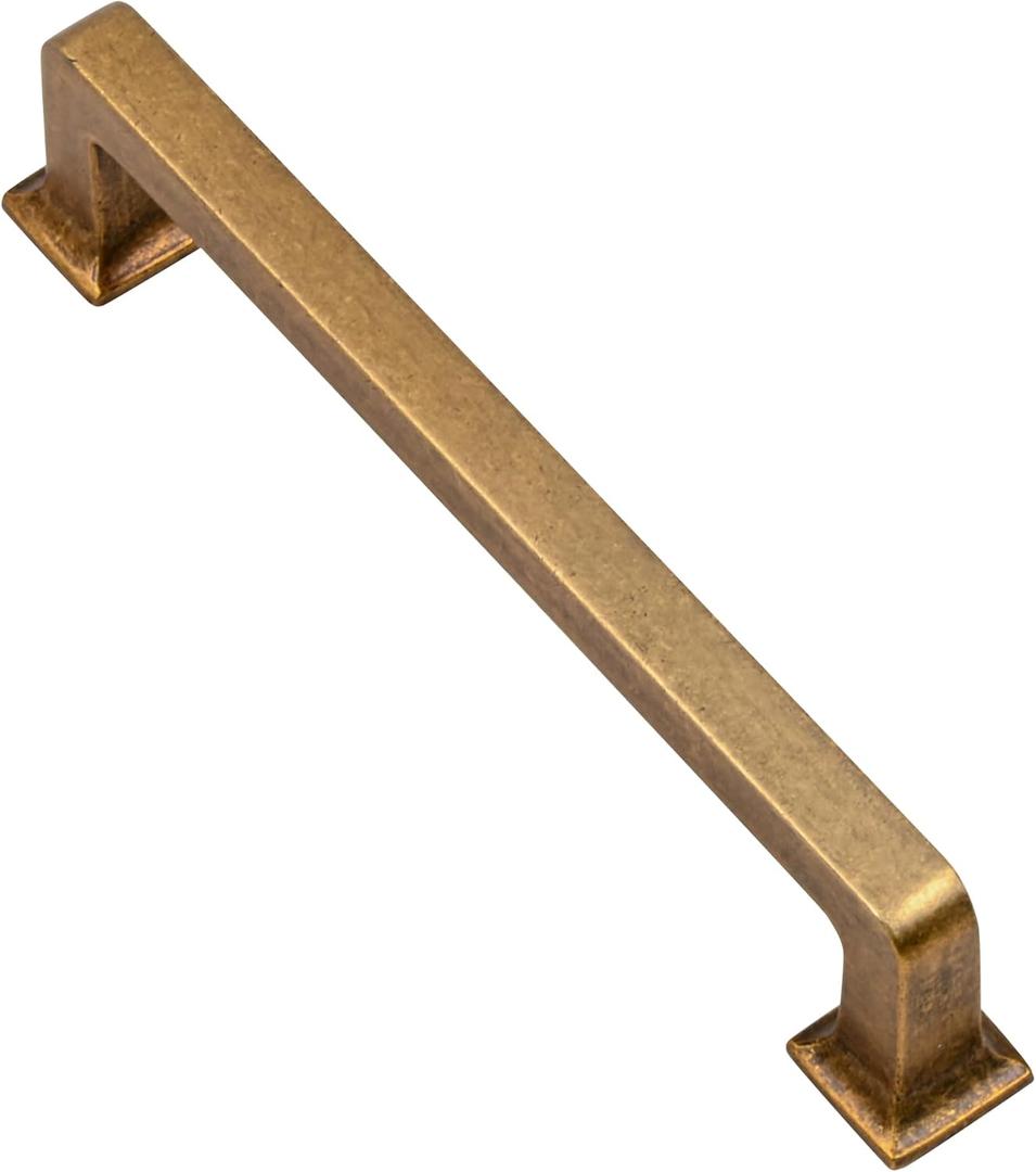 Alzassbg 10 Pack Antique Brass Cabinet Pulls, 5 Inch(128mm) Hole Centers Cabinet Handles Square Kitchen Hardware for Cabinets AL3046AE (5 Inch Hole Centers, Antique Brass)