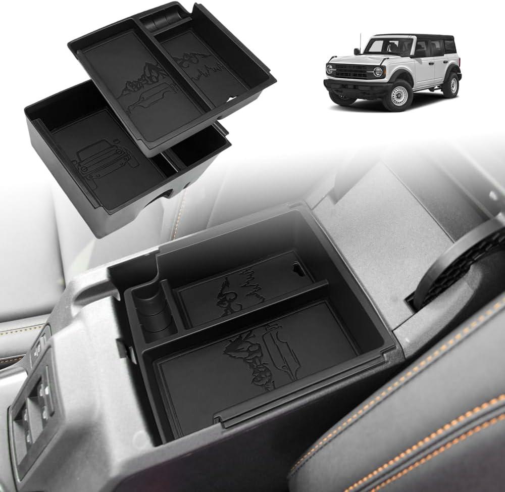 TripleAliners Center Console Organizer Compatible with 2021-2024 Ford Bronco(No for Sport) Accessories Bronco 2/4-Door Center Console Storage Box ABS Material with Leather Trim(V2_Black)Won't Fit 2025