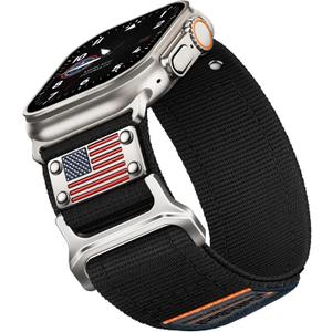 Sport Bands Compatible with Apple Watch Ultra 3 Band 49mm 46mm 45mm 44mm 42mm Men Women, Rugged Nylon Loop Strap with Durable Metal Stars-Stripes Flag for iWatch Ultra/Series 11 10 9 8 7 6 5 4 SE 3 2 (Black)