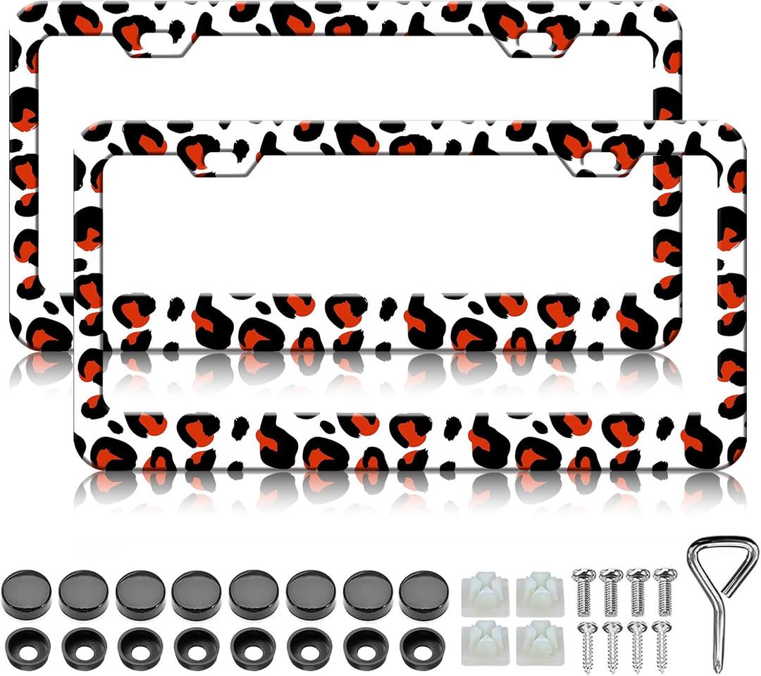 HCSS Red Leopard Print License Plate Frames - 2 Pack Cheetah Heart Print License Plate Holder, Aluminum Metal Rust-Proof Waterproof Car Decorative Tag Frame for Standard US 12x6 Inch