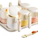 Seasoning Spice Containers with Lid and Spoon Set,6Pack 11oz AutoOpen/Close Seasoning Box Wide Mouth Glass Salt and Sugar Container Sets for Countertop,Dishwasher Safe Spice Jars