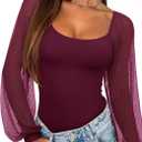 REORIA Women's 2025 Fall Casual Mesh Long Sleeve Square Neck Tops Trendy Cute Dressy Slim Fit Going Out T-Shirts (Cordovan) L