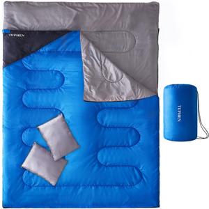 Tuphen Double Sleeping Bag, Sleeping Bag with 2 Pillows, Queen Size XL Bag for 2 People, Cold Warm Weather- 3 Seasons, Waterproof Adults for Camping, Backpacking or Hiking (Blue)