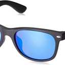 Ray-Ban Unisex Rb2132f New Wayfarer Low Bridge Fit Square Sunglasses (Rubber Black/Grey Mirrored Blue)