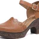 Altxic Women's Closed Round Toe Hollow Out Vamp Ankle Strap Buckle Low Block Chunky Heels Sandals Camel 6.5-7 US