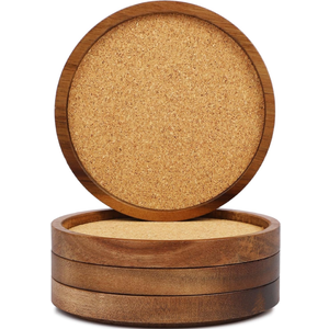 Wooden Drink Coasters Set of 4, Stackable Cup Coaster for Table, 4.2 inch Absorbent Cork Coasters Set for Tabletop Protection, Rustic Glass Coaster for Coffee, Home Decor.
