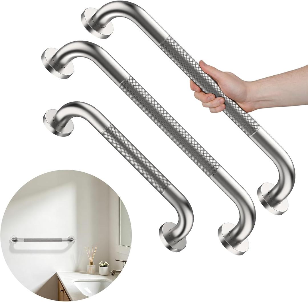 Munzong 3 Pack Commercial Handicap Grab Bars, 12" 16" 16" Brushed Nickel | Bathroom Grab Bar for Shower Stainless Steel Anti Slip Bathroom Balance Bar Safety Hand Rail for Elderly Injury Senior