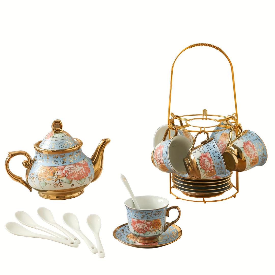 Porcelain Tea Set for Adults with Metal Stand - Set of 6 Tea Cups (160ml Cups), 700ml Floral Teapot and 20 Pieces Ceramic Elegant European Gift for Tea