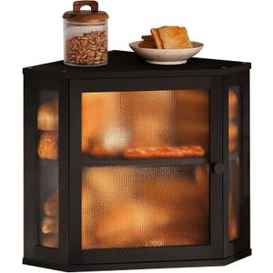 Corner Bread Box for Kitchen Countertop,Bread Storage for Homemade Bread, Double Layer Large Bamboo Kitchen Storage Bin with Window (Black, Medium)