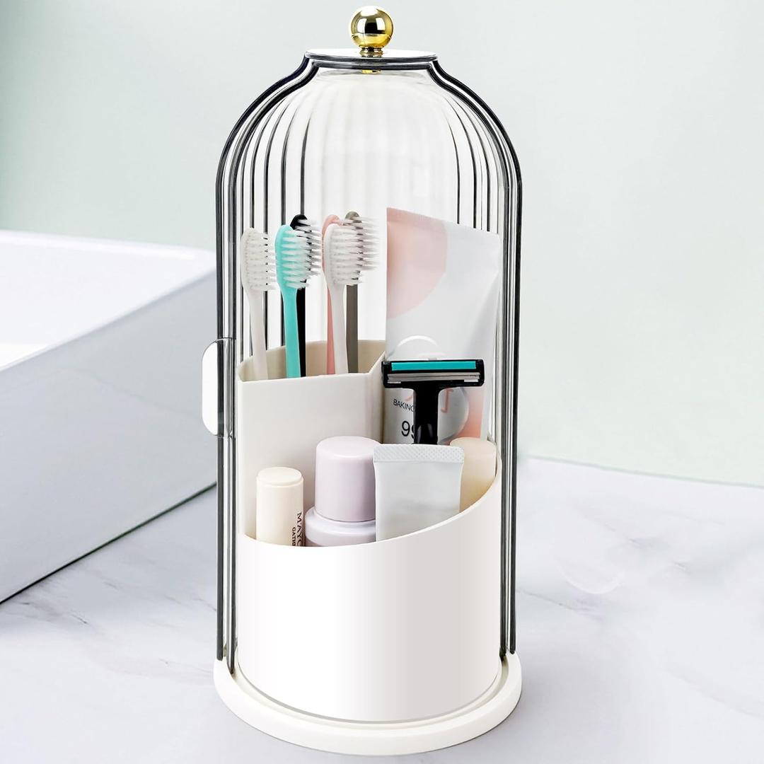 QIYVLOS Toothbrush Holders with Sliding Lid, Rotating 3 Slots Bathroom Organizer Countertop, Tooth Brush Toothpaste Holder Bathroom Counter Stand Sink Organizer Caddy for Vanity Makeup Brushes Holder (White+Transparent Black)
