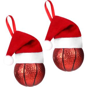 2Pcs Basketball Ornament, Basketball Ornaments for Christmas Tree Decoration with Red Santa Hat, Unique Glass Sports Decorations for Christmas, Hanging Balls Baubles Goalie Style Holiday Hanging Decor