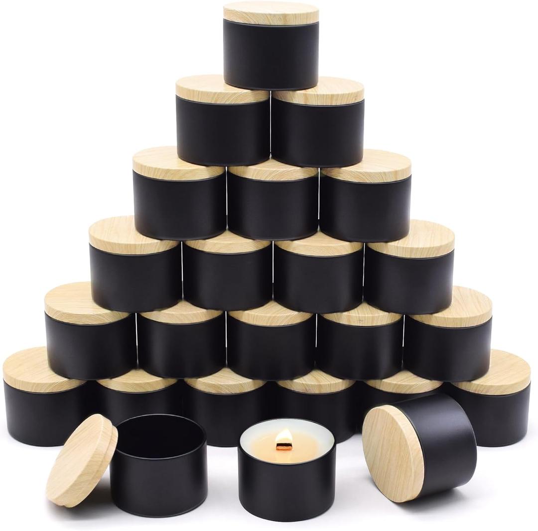 24-Pack 4oz Candle Tins with Wood-Grain Printing Lids, Metal Candle Jars for Candle Making, Bulk Empty Containers for Beginners & DIY Storage - Wood Black