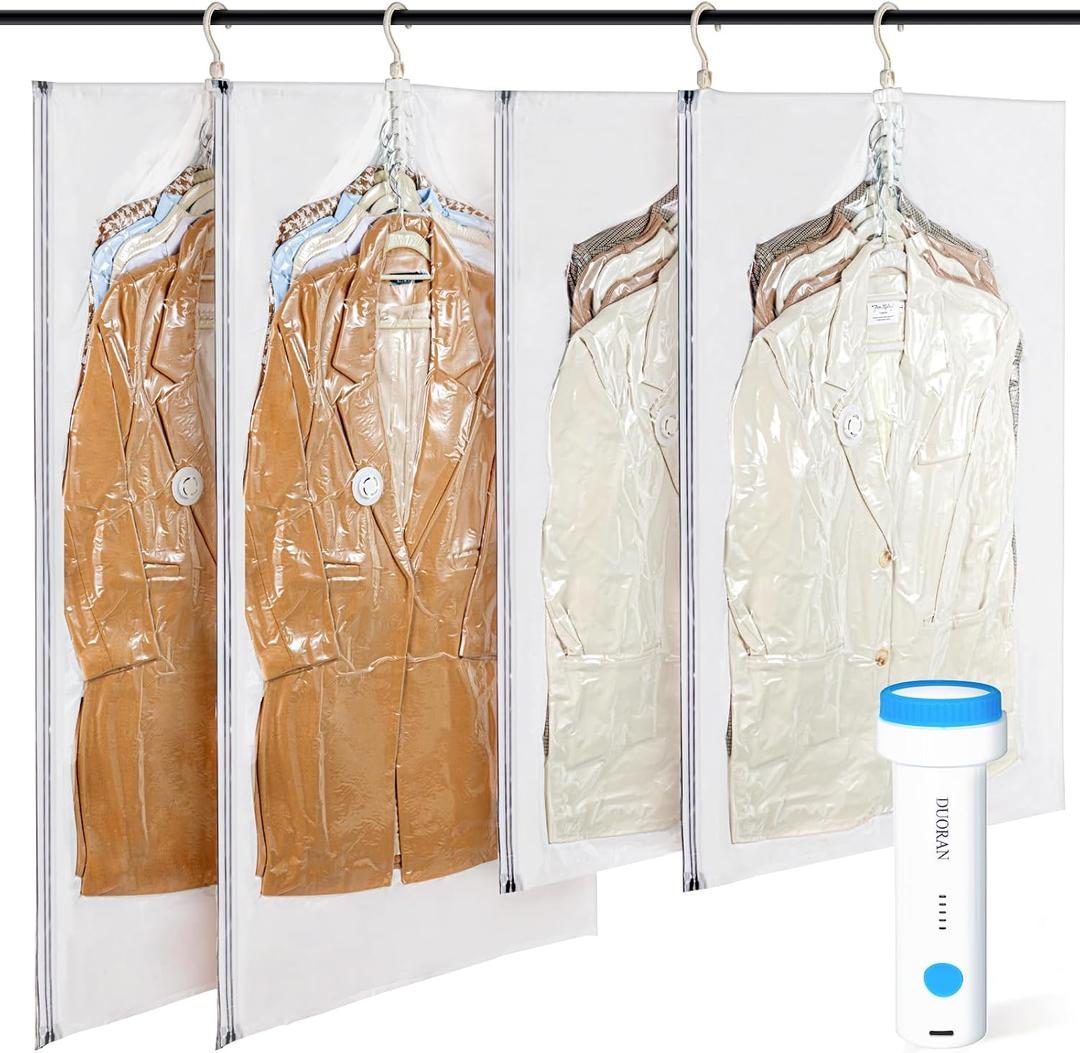Hanging Vacuum Storage Bags with Electric Pump 4-Pack Hanging Vacuum Seal Bags for Clothing, Space-Saving Compression Bags for Suits, Jackets, Travel Wear, Winter Coats & Outerwear